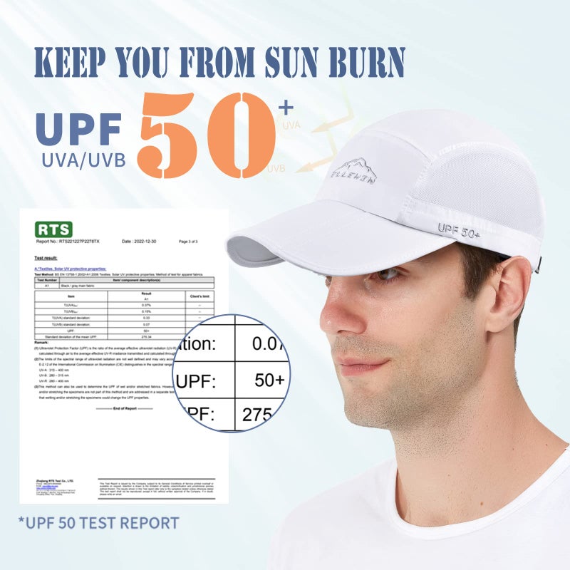 ELLEWIN Unisex Baseball Cap UPF 50 Unstructured Hat with Foldable Long Large Bill, A-white-ellewin Logo, M-L-XL - Image 2